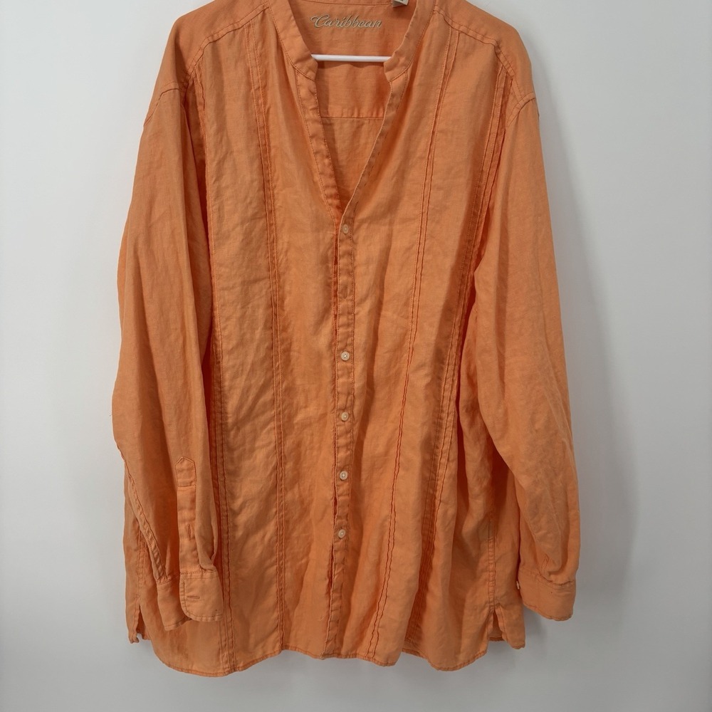 Caribbean Orange 100% Linen Long Sleeve Shirt Men's Size 2XT Tropical‎ Vacation